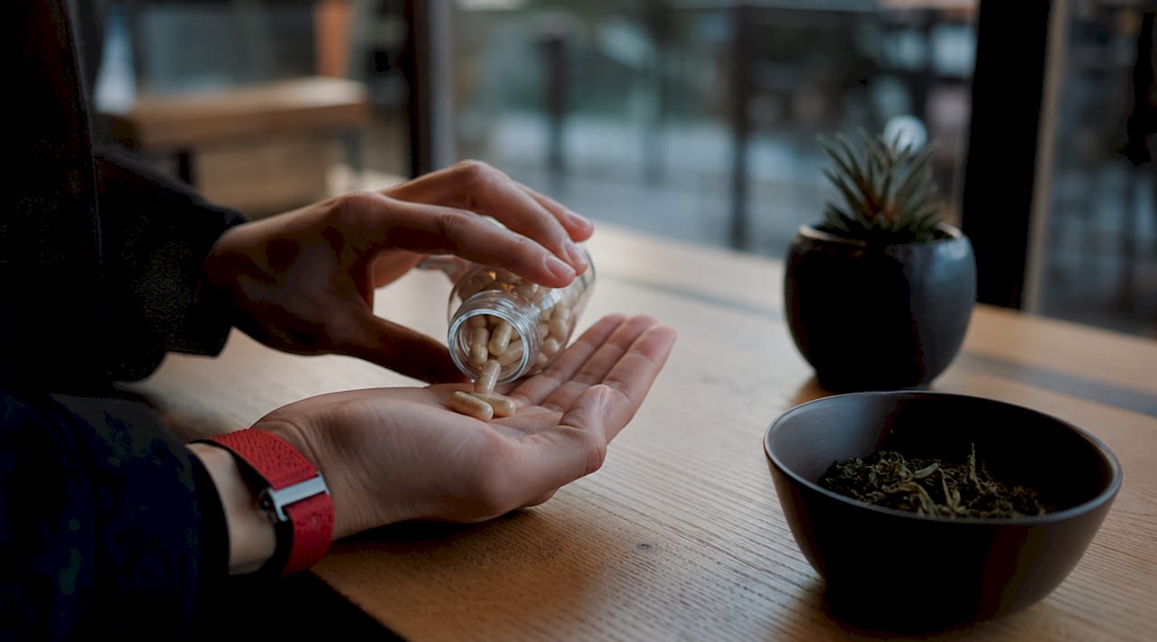 Unas manos sostienen un frasco de suplemento natural junto a hojas de té.