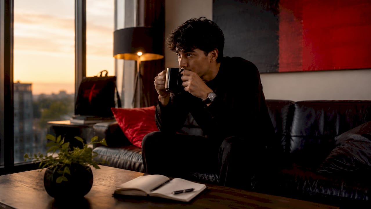 Young man about to drink coffee at kitchen table