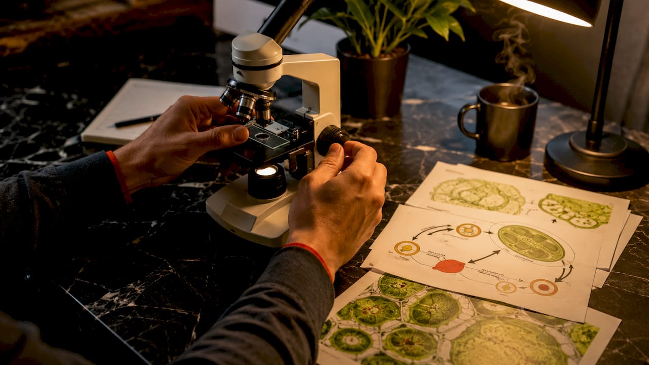 Unas manos manipulan un microscopio durante una investigación científica.