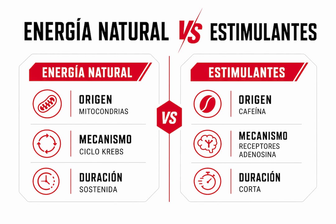 Infografía que muestra las diferencias entre la energía obtenida de manera natural y la que proviene de bebidas o suplementos estimulantes.