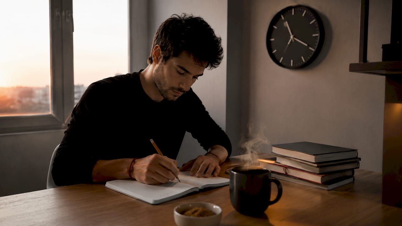 Unas manos tomando apuntes junto a una taza de café y un azucarero sobre la mesa
