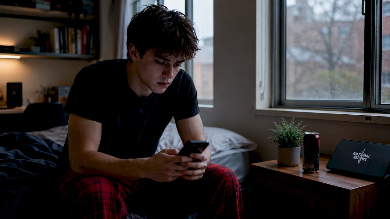Student awake at night in dorm with energy drink