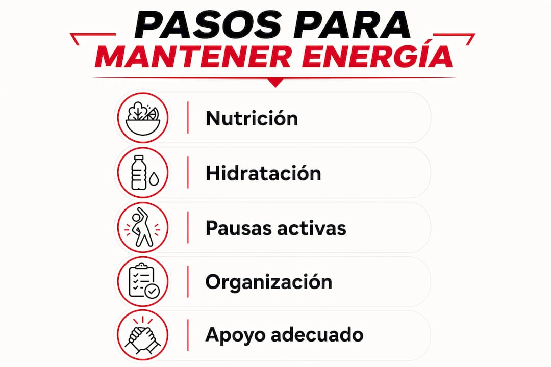 Infografía con consejos prácticos para mantenerte con energía durante la jornada laboral