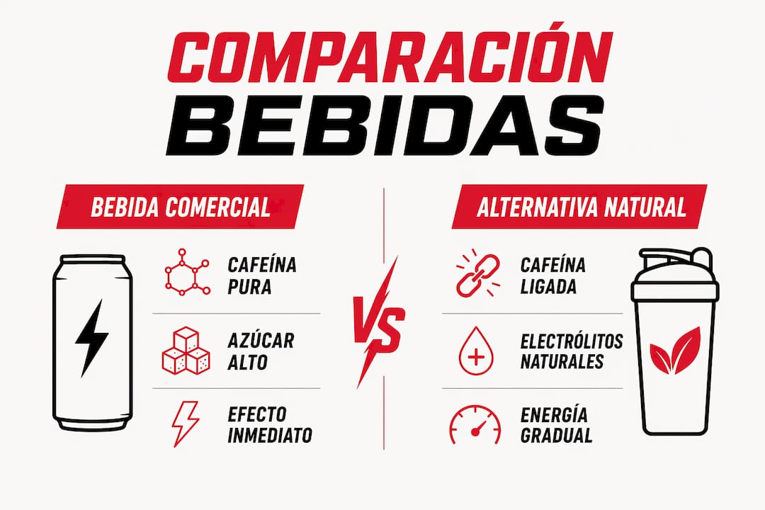 Infografía que compara bebidas energéticas comerciales y alternativas naturales