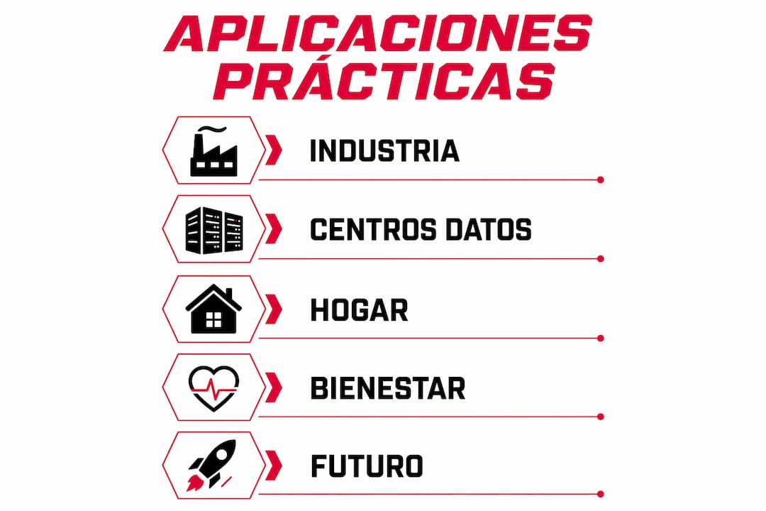Infografía que presenta usos prácticos de soluciones energéticas sin líquidos