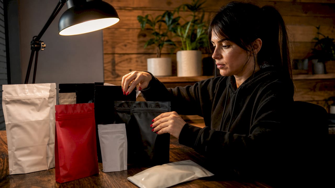 Varias bolsitas tipo pouch perfectamente ordenadas sobre una mesa blanca.