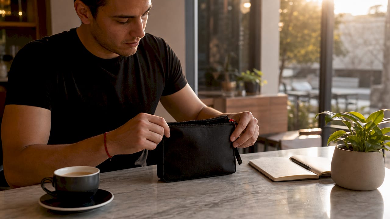 Manos preparando una dosis de un pouch funcional sobre el escritorio de un espacio de coworking