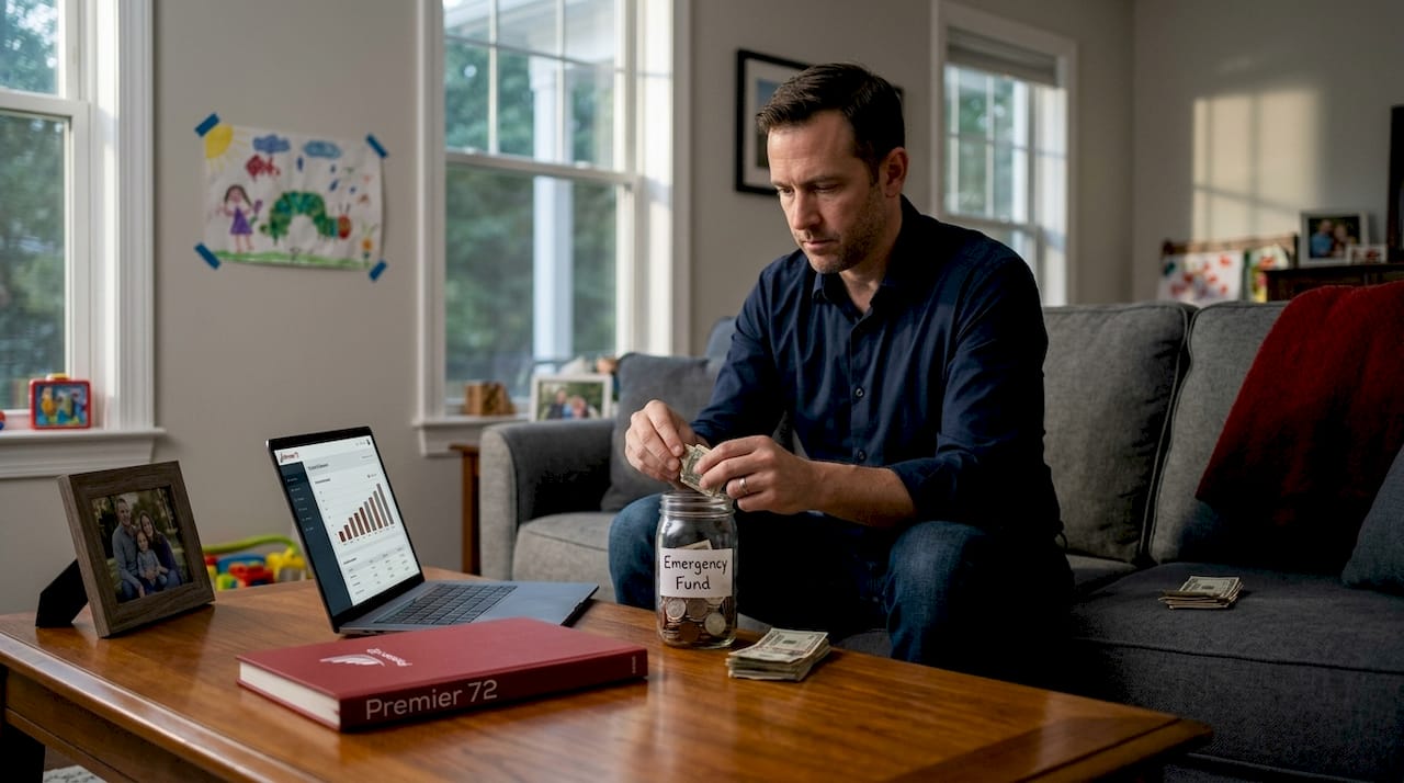 Man adding money to emergency fund jar