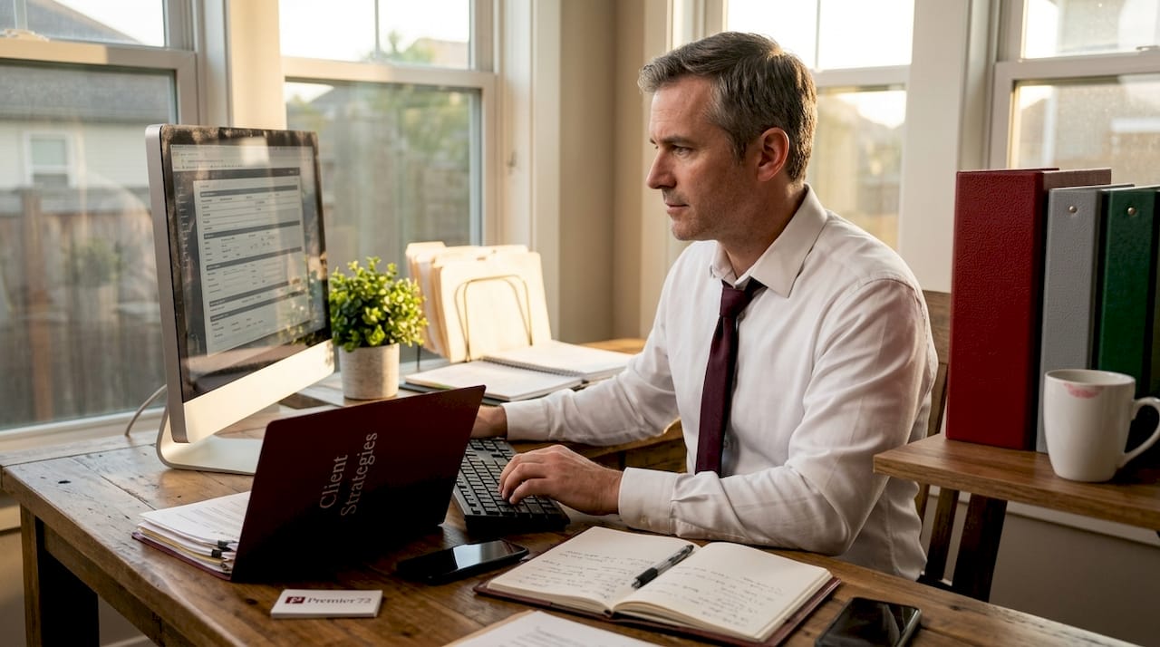 Insurance agent working at cluttered desk