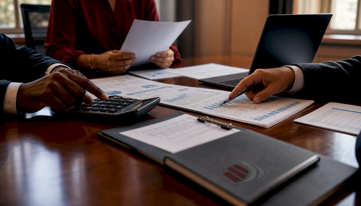 Hands working on tax calculation documents