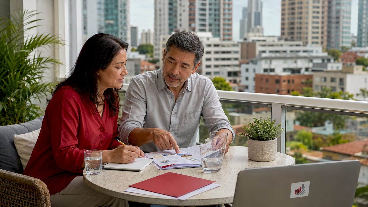 Couple discussing pension plan at home office desk