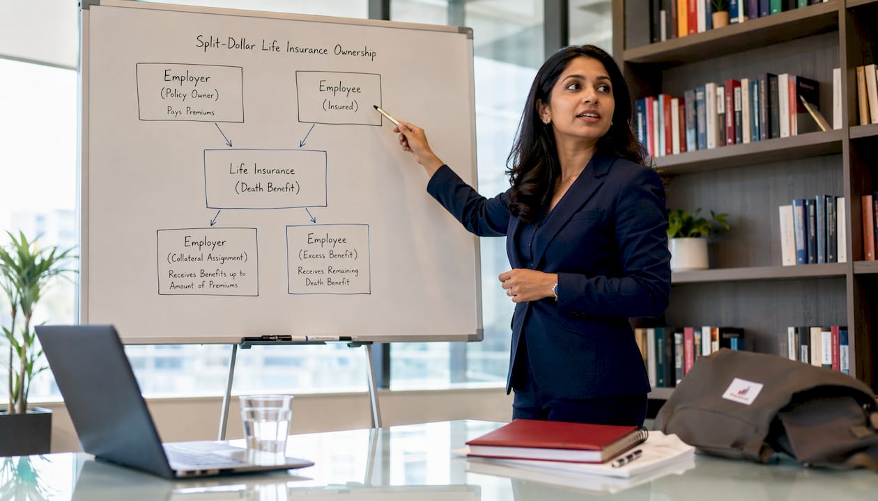 Hands pointing at split-dollar insurance ownership diagram