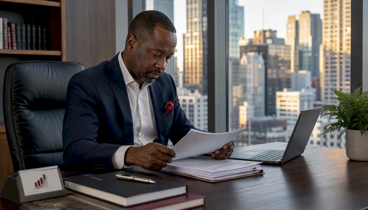 Attorney reviewing wills and trusts documents in office