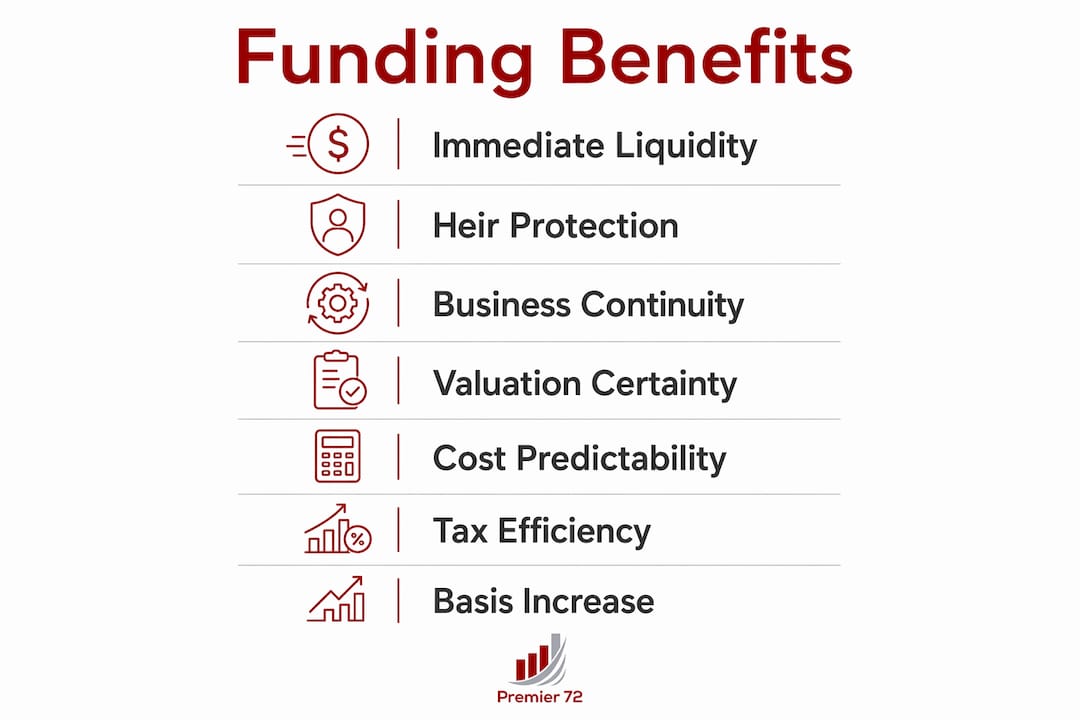 Infographic showing benefits of insurance funding for buy-sell agreements