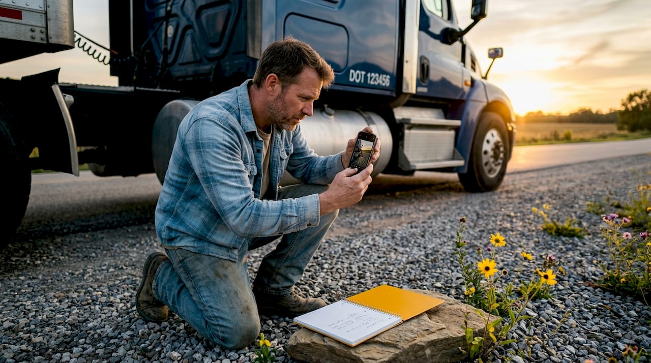 Man photographs DOT number on stopped truck