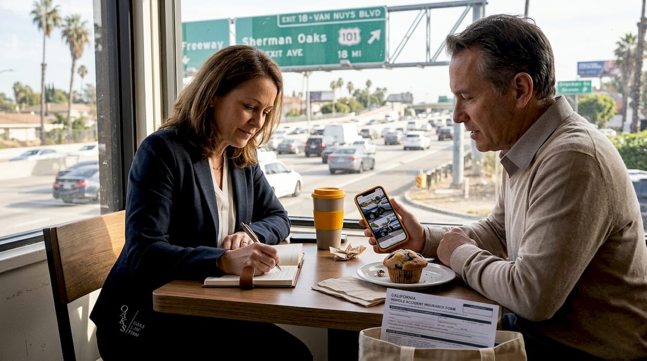 Locals discussing freeway accident at Sherman Oaks café