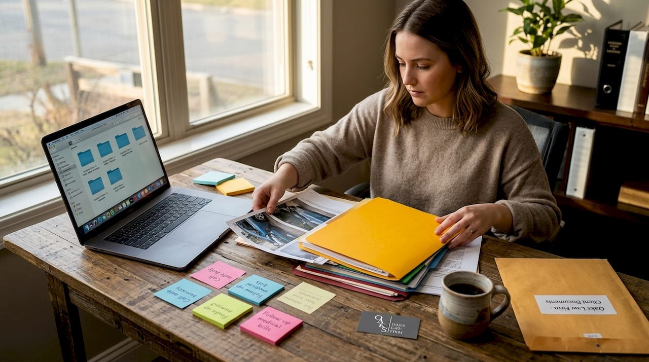 Paralegal organizing accident claim evidence