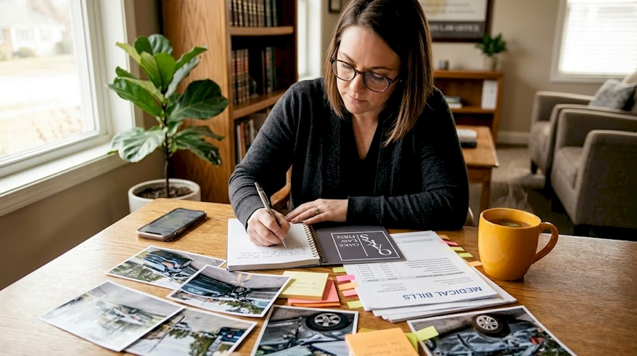 Lawyer reviewing accident documents and photos