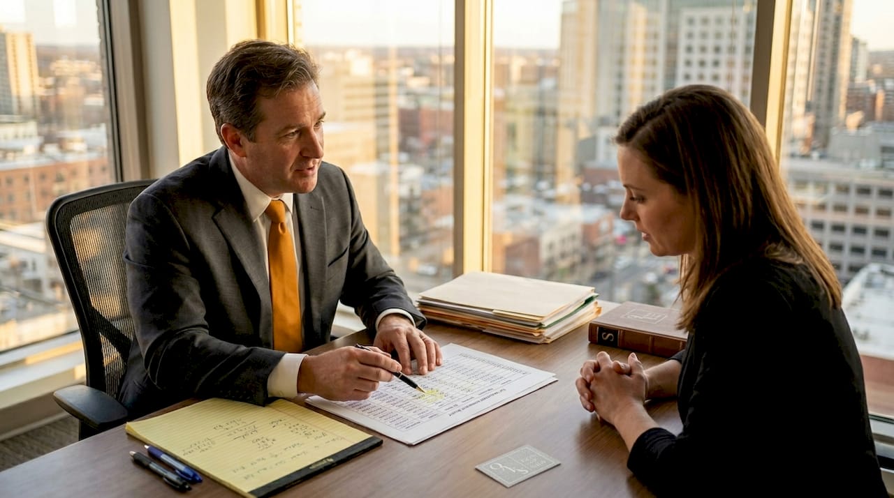 Attorney shows settlement chart to client in office