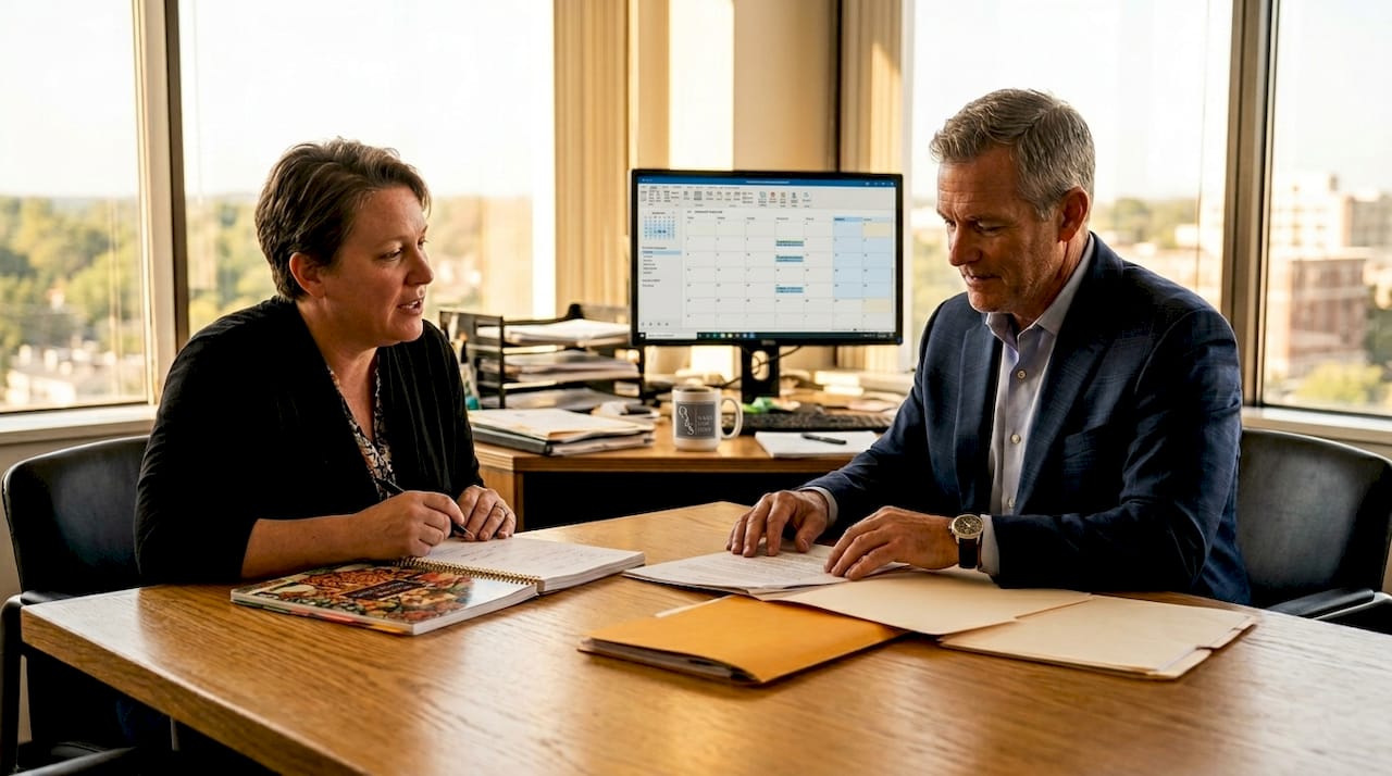Attorney and client in injury consultation meeting