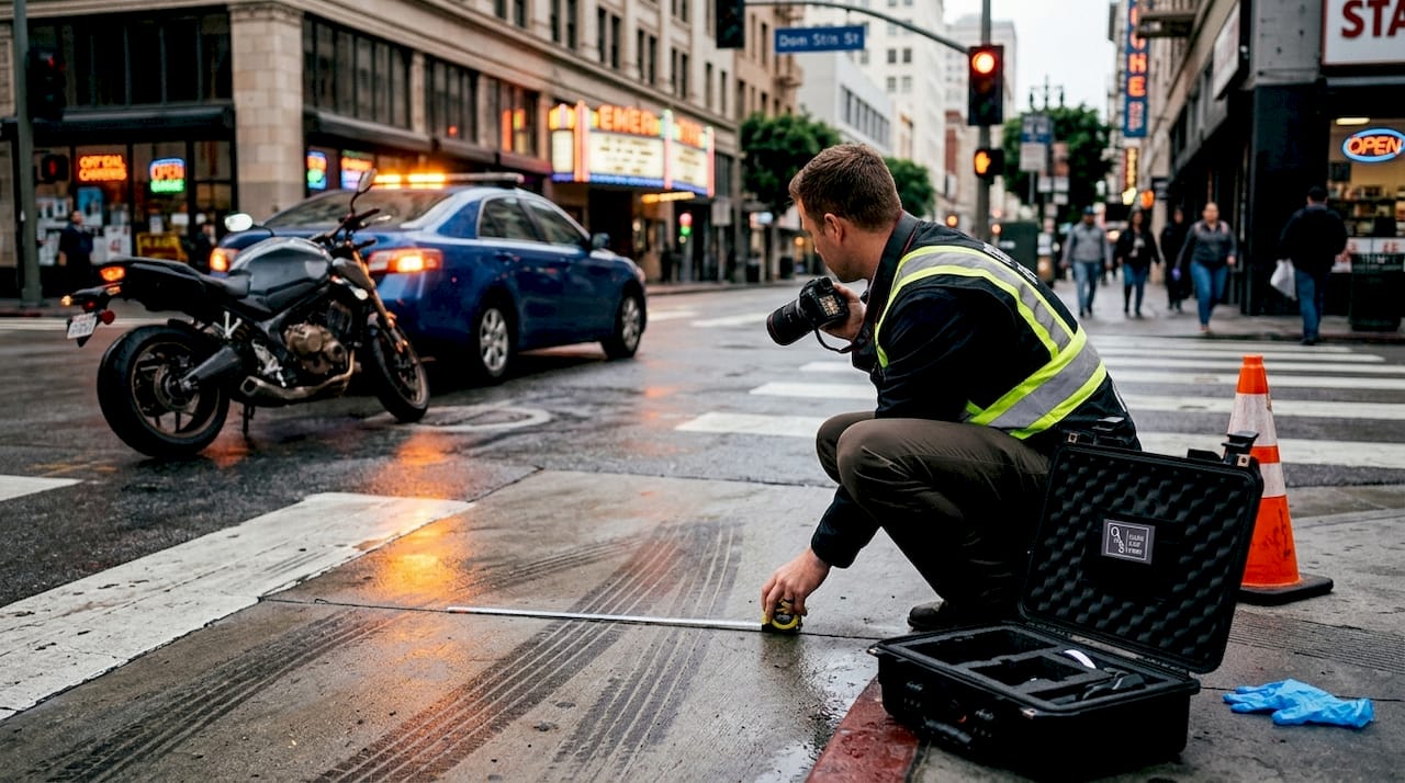 Investigator reviews motorcycle accident scene markings