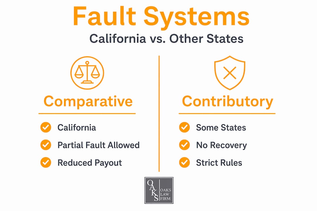 Infographic comparing comparative and contributory fault systems