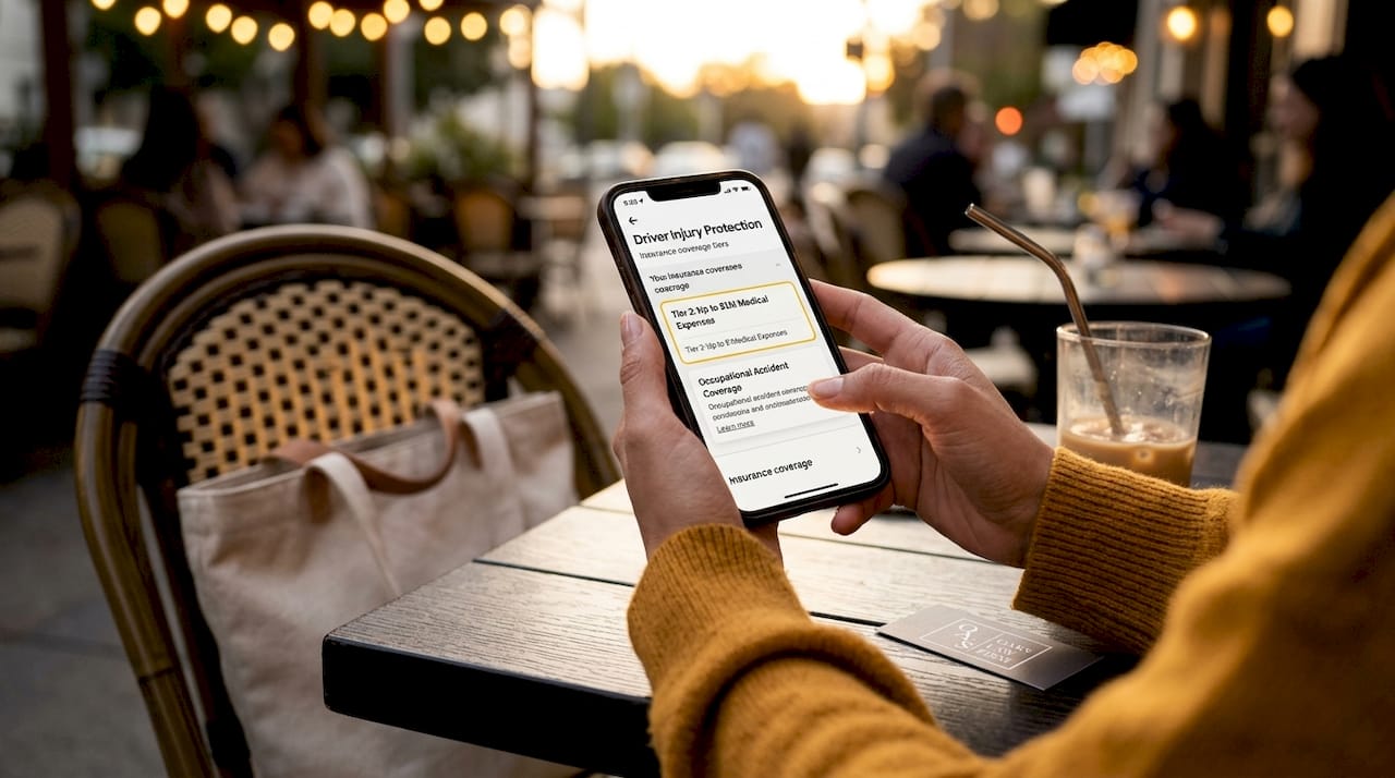 Smartphone displaying Uber insurance coverage tiers