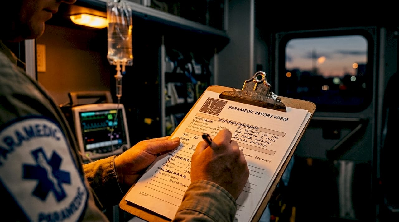 Paramedic filling out brain injury patient report