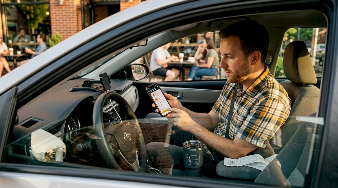 Rideshare driver checking app inside car