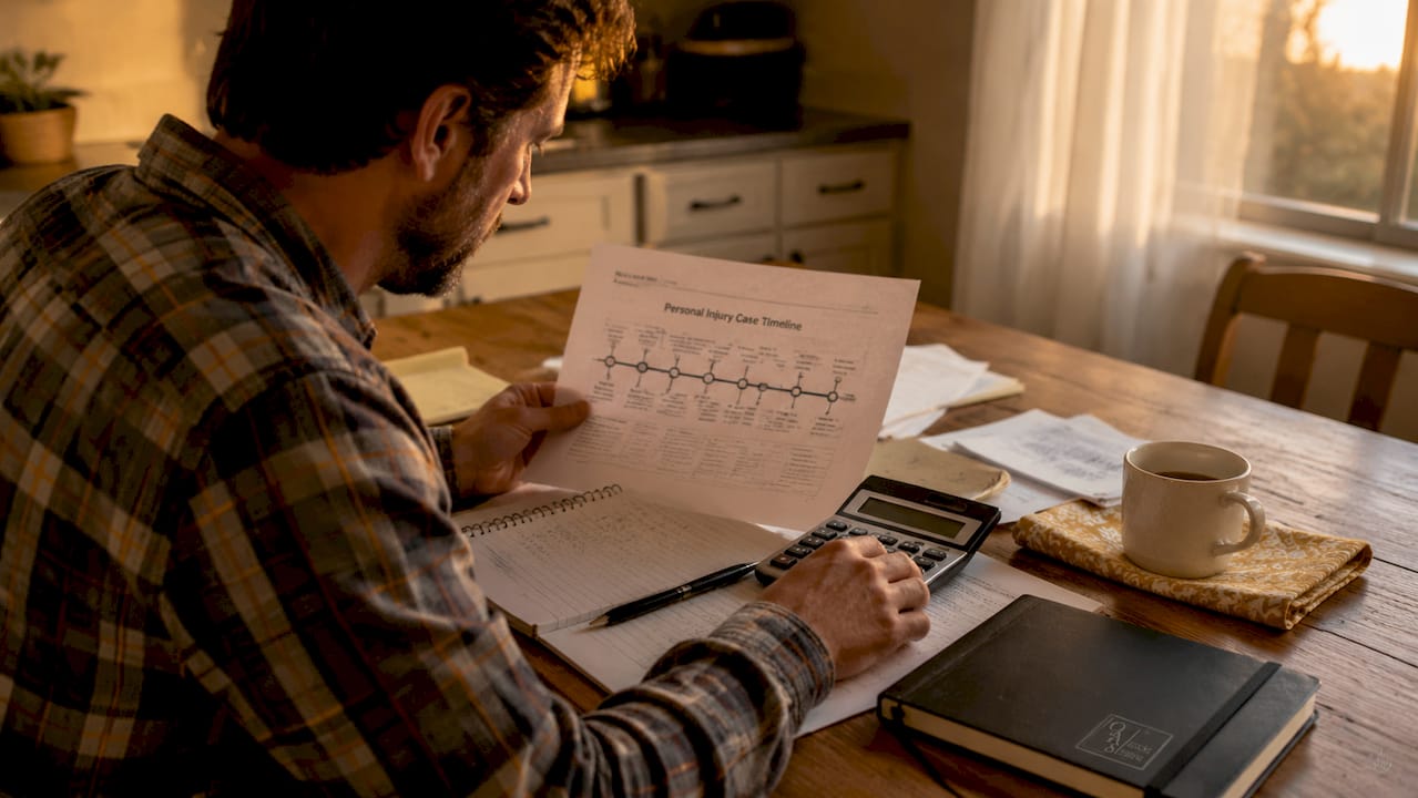 Hands reviewing personal injury case timeline and costs