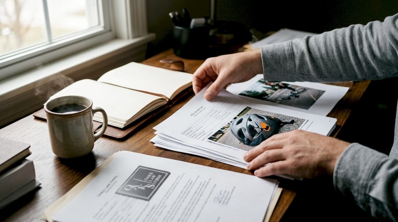 Hands organizing bicycle accident claim evidence