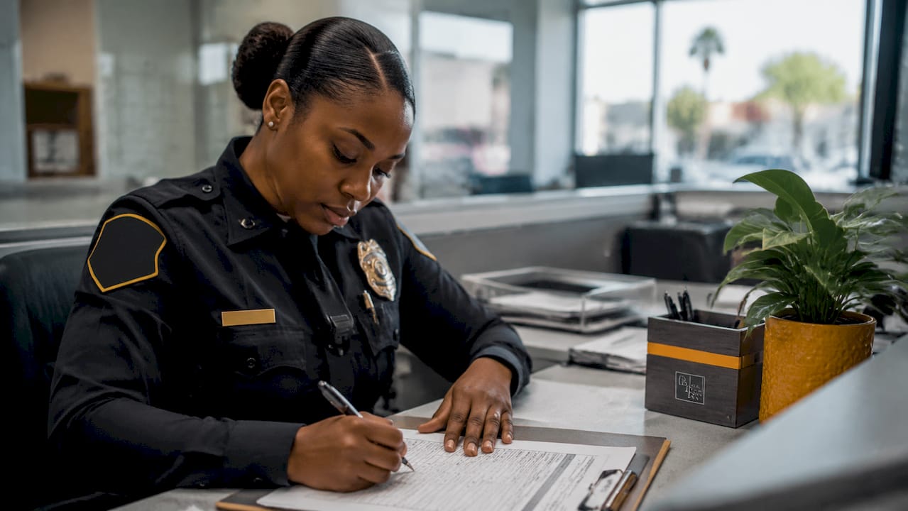 Police officer filing accident report at station