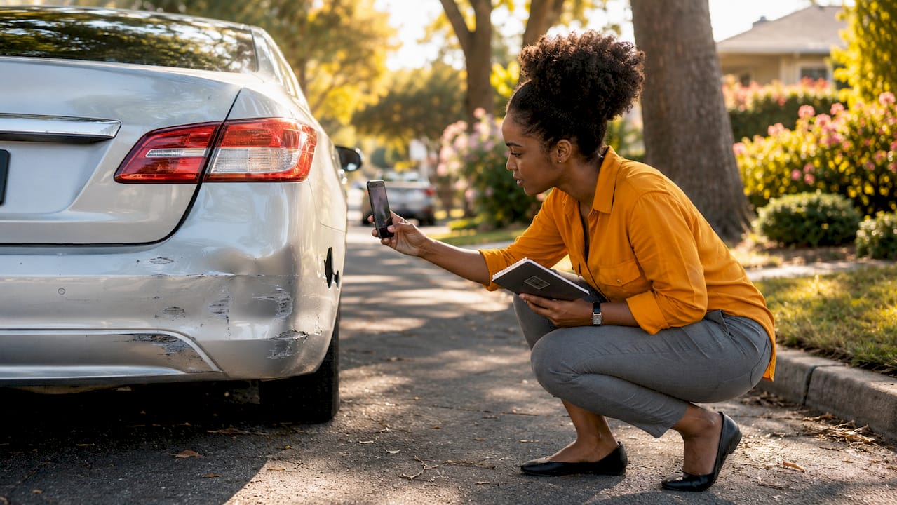 Woman photographing car damage on street