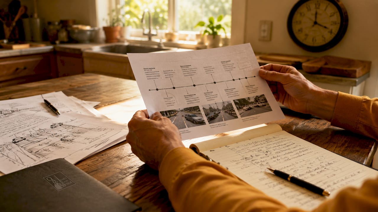 Hands examining accident timeline documents