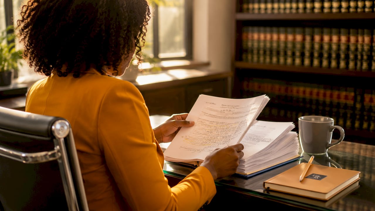 Attorney reviewing case file and notes