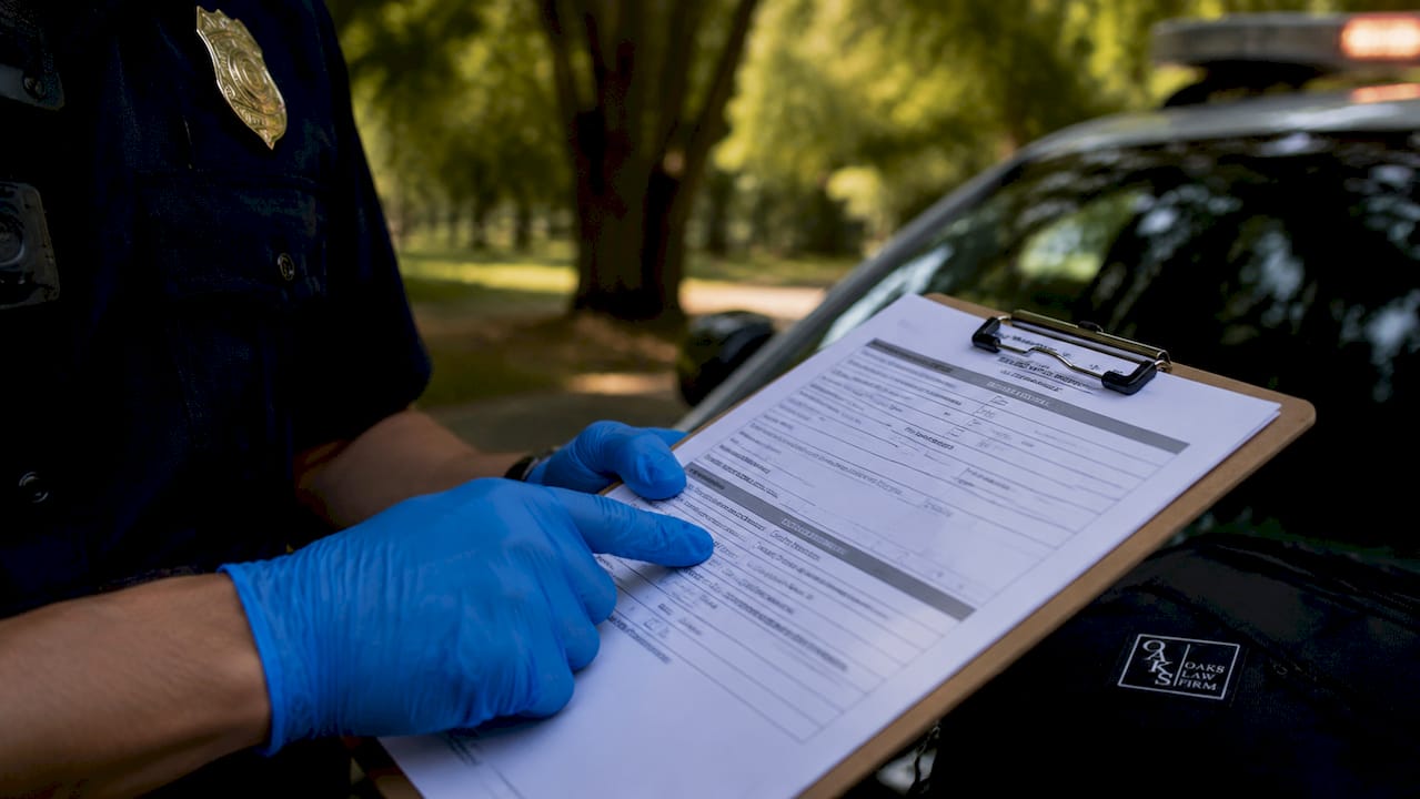 Police officer reviewing report header in patrol car