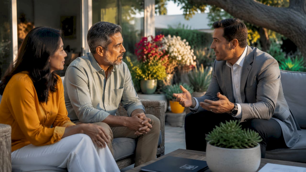 Real estate agent showing Ventura Boulevard home to couple