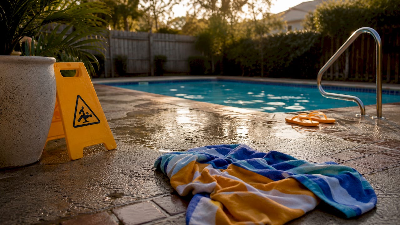 Wet textured pool deck surface and slipped hazards