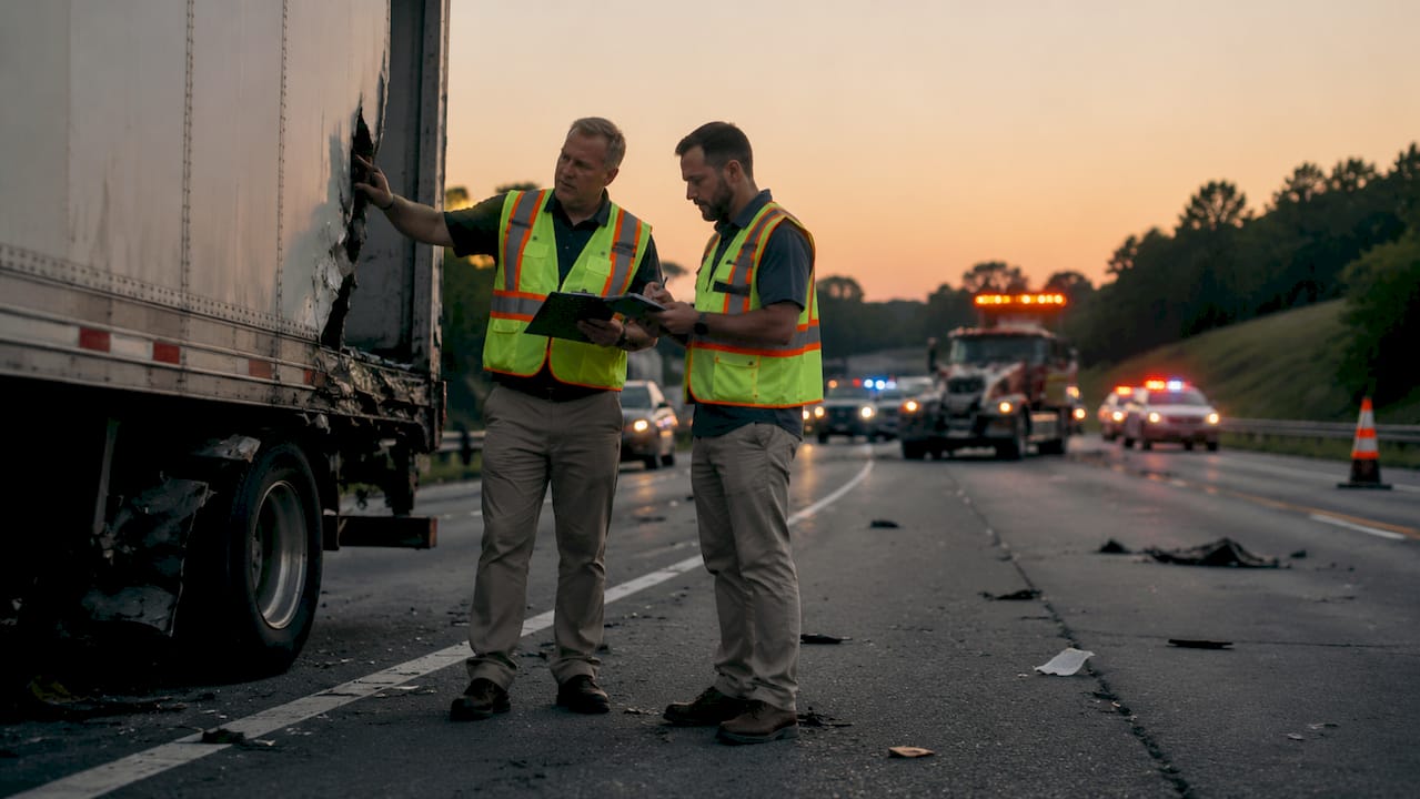 Safety inspectors examining truck accident scene