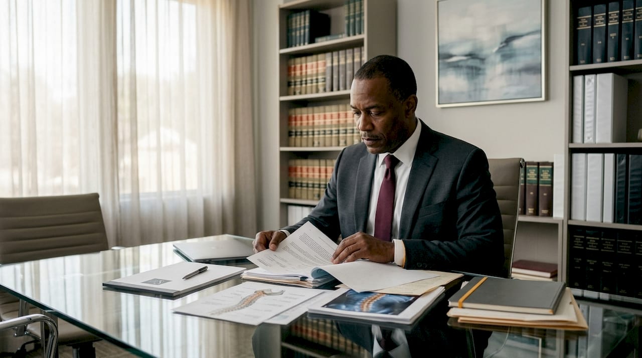 Attorney analyzing whiplash injury claim documents in office