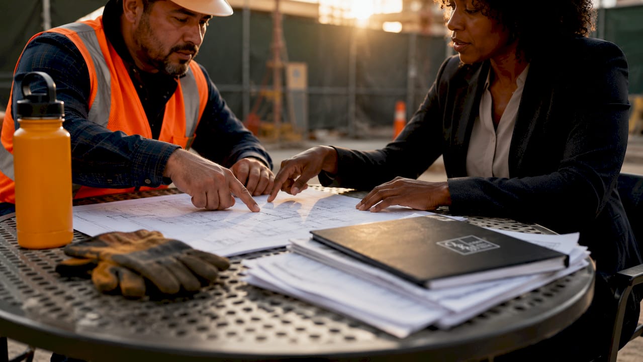 Hands discussing construction site liability map