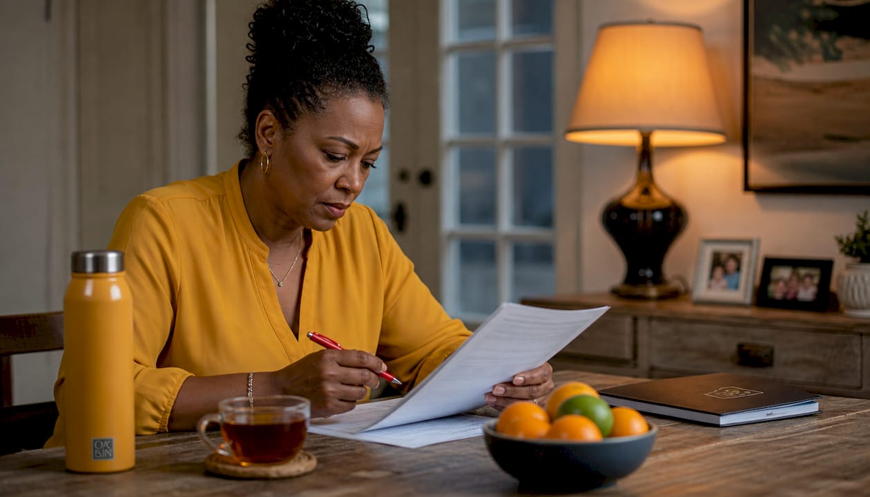 Hands reviewing car insurance policy at home