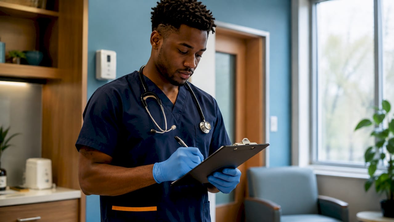 Nurse reviewing medical records in clinic