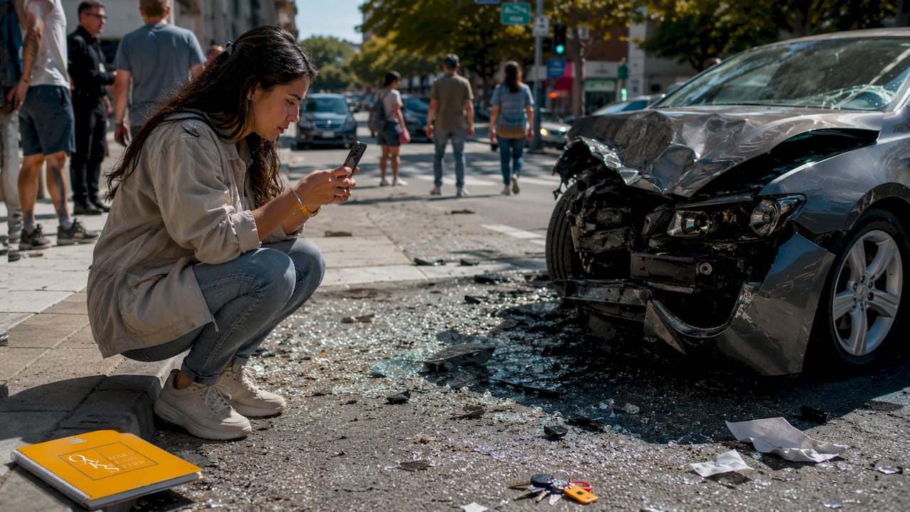 Person photographing car accident scene with smartphone