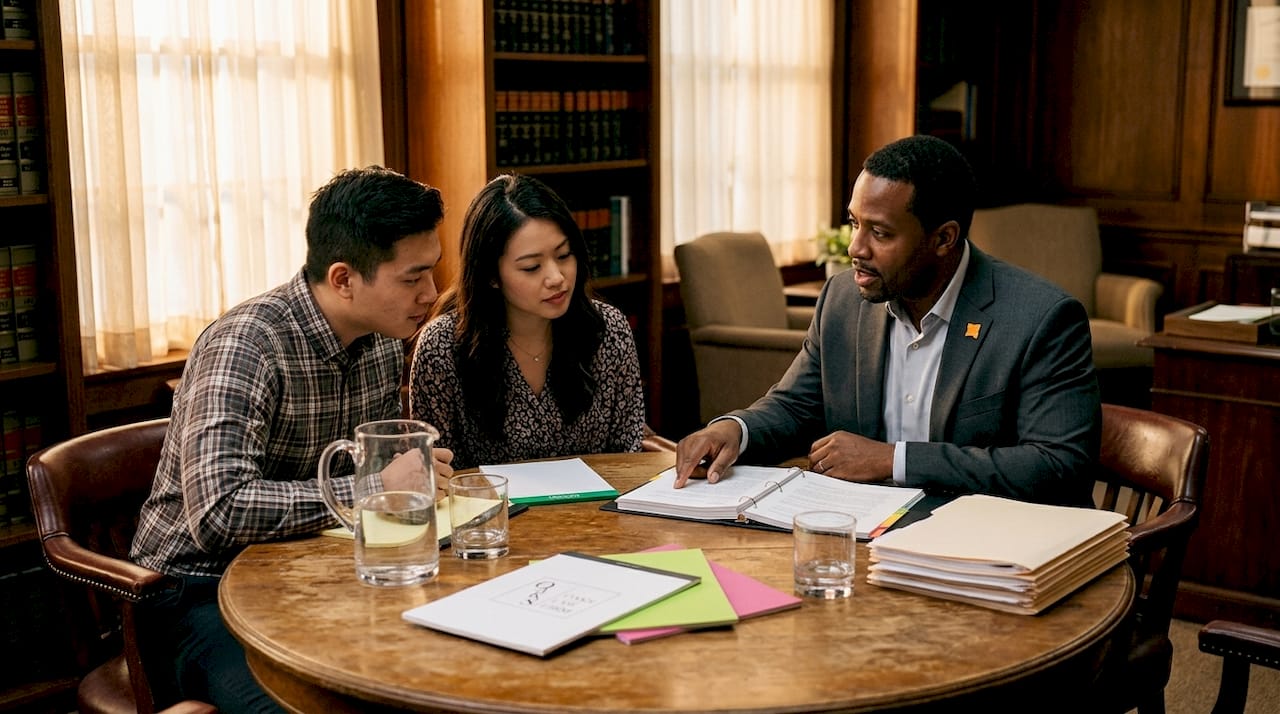 Attorney consulting young couple in law office