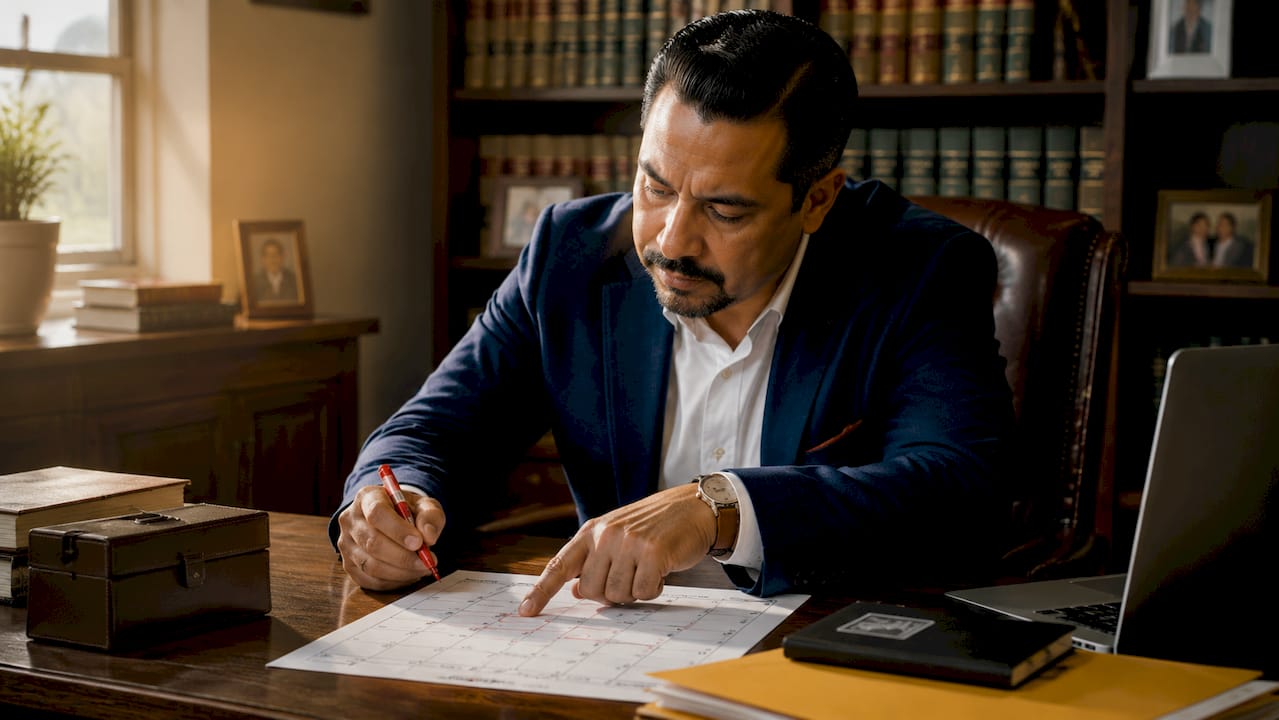 Attorney's hands pointing to urgent legal deadline on calendar
