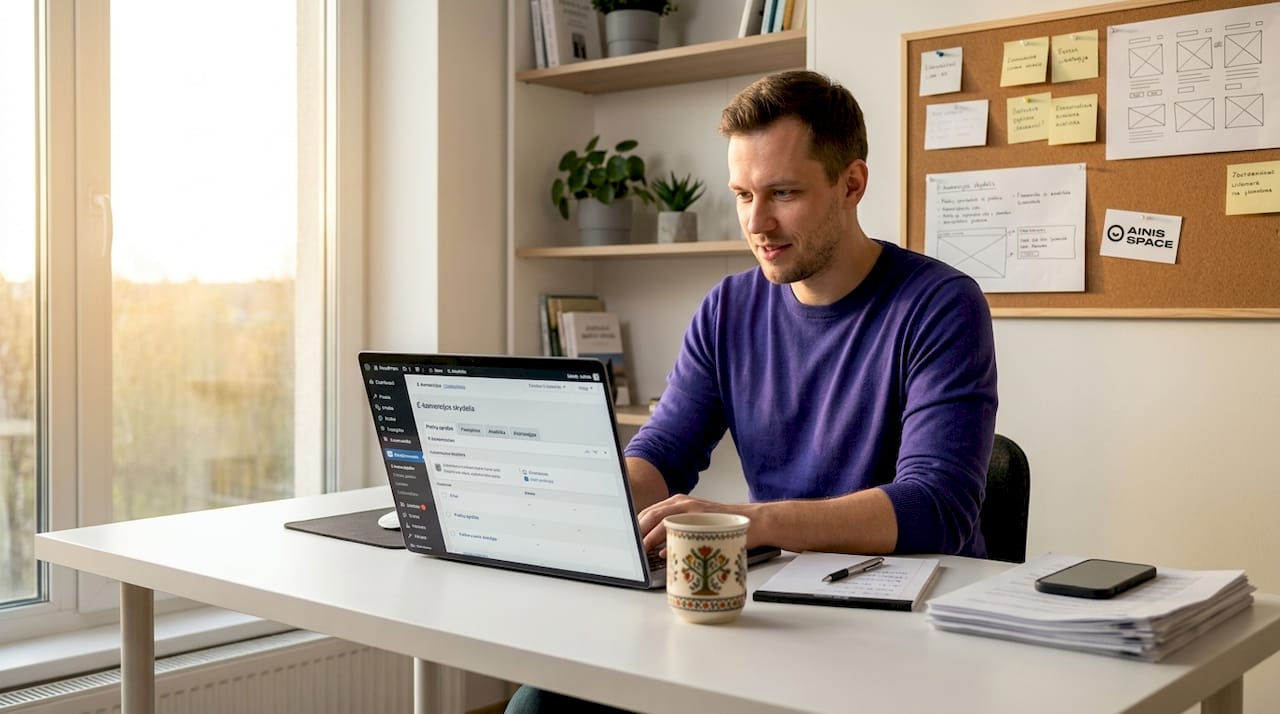 Verslininkas, savo namuose prižiūrintis ir administruojantis WooCommerce parduotuvę.