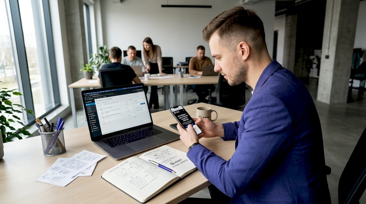 Biure dirbantis verslininkas telefone peržiūri interneto puslapius