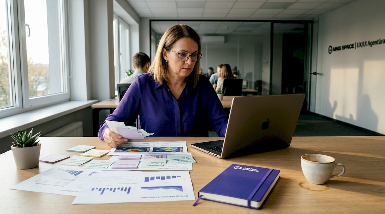 UX dizaineris prie darbo stalo gilinausi į vartotojų elgesio duomenis.