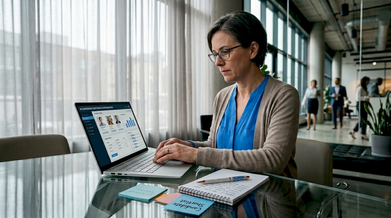 HR specialist configures AI screening on laptop